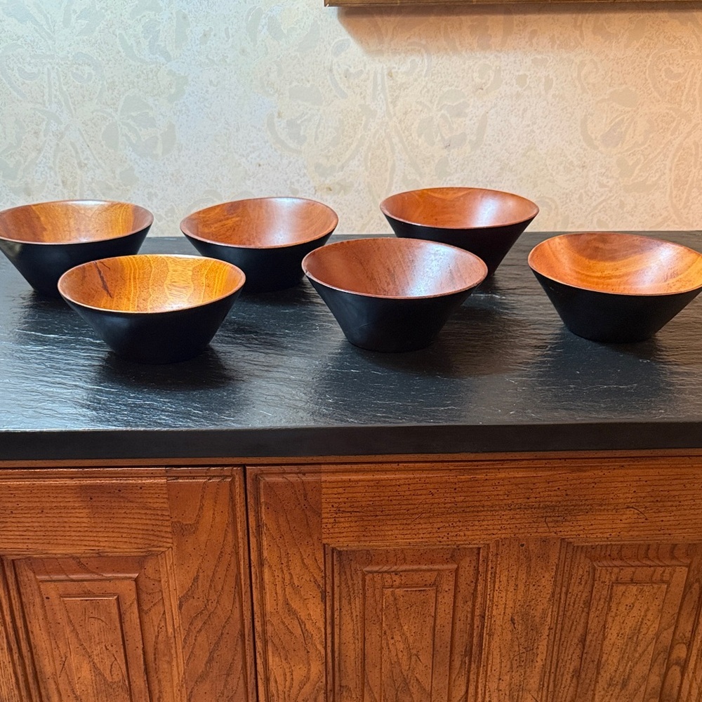 Vintage Black and Brown Wooden Bowl Set of 6.